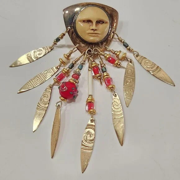 Vintage Rare Tabra "Celestial Moon Face" Dangle Gold Tone Earrings Glass Beads - Picture 6 of 7